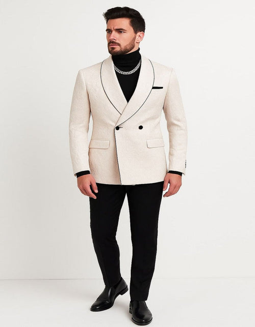 Menâ€™s Cream Jacquard Double-Breasted Tuxedo with Black Trim â€“ Formal Blazer for Weddings & Events Ivory Color