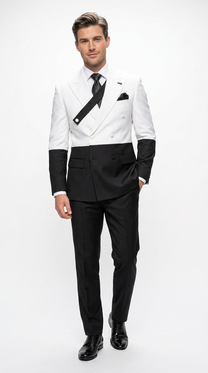 Statement Men’s Two Tone Double Breasted Suit, Modern Fit 2 Piece Wool Formal Wedding Suit