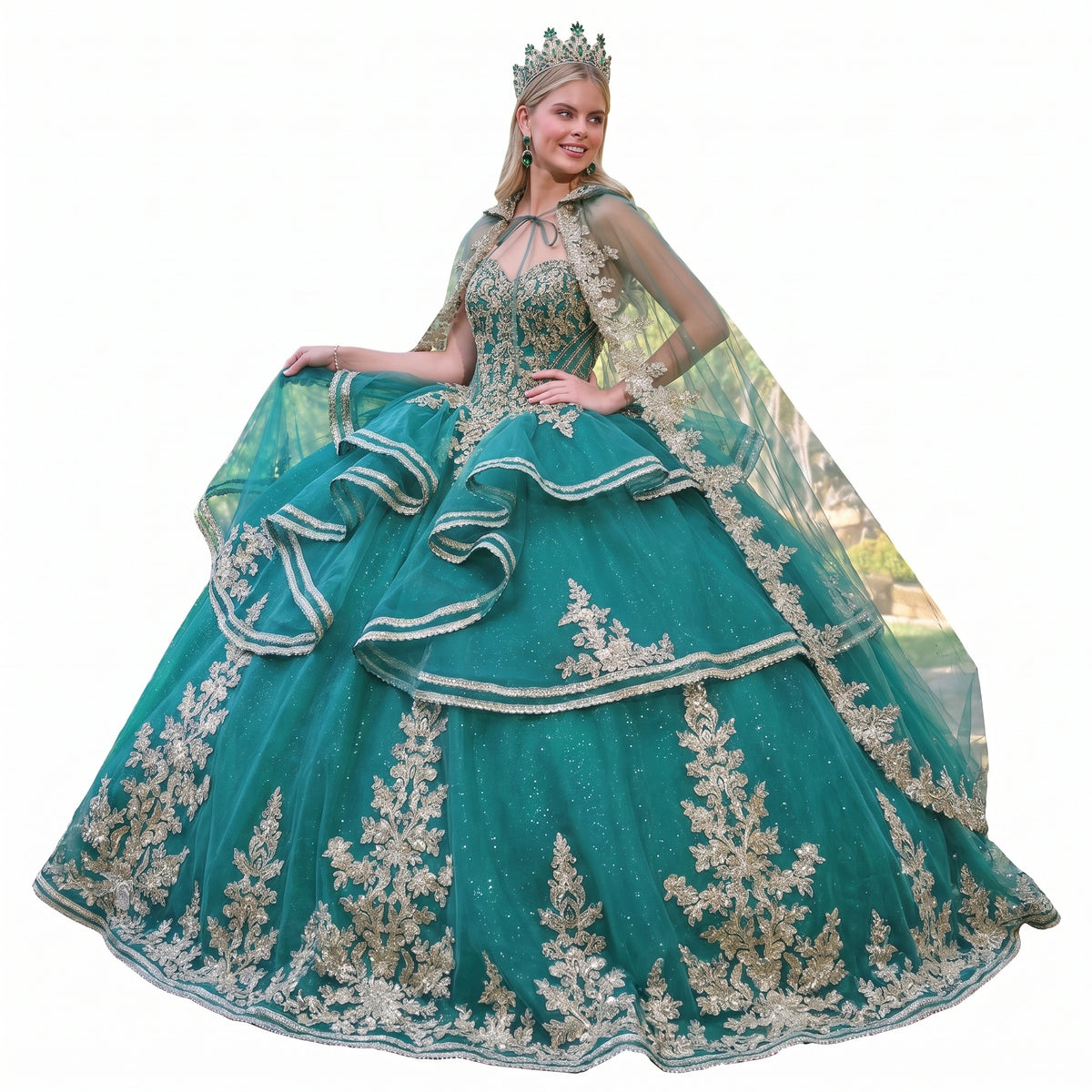 Elizabeth K GL3671 Emerald Green Quinceañera Ball Gown – Strapless Sweetheart Beaded Corset Dress with Ruffle-Tier Skirt & Embroidered Cape