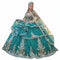 Elizabeth K GL3671 Emerald Green Quinceañera Ball Gown – Strapless Sweetheart Beaded Corset Dress with Ruffle-Tier Skirt & Embroidered Cape