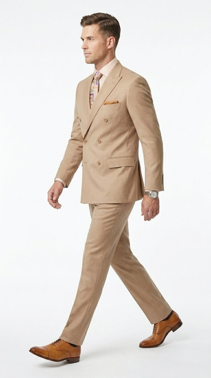 Men’s Camel Double Breasted Wool Feel Suit, Classic Luxury Formal Wedding Business Dress Suit