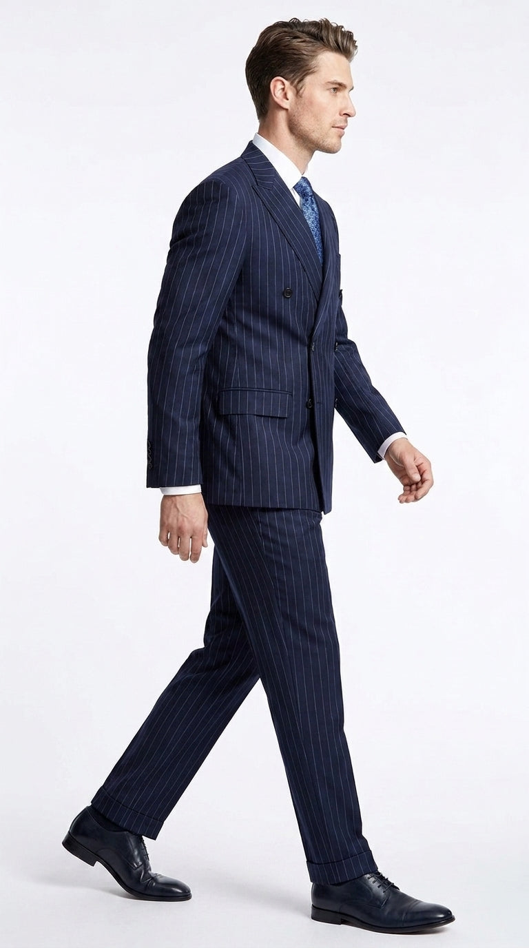 Men’s Dark Navy Blue Double Breasted Pinstripe Suit, Side Vent Jacket with Pleated Pants