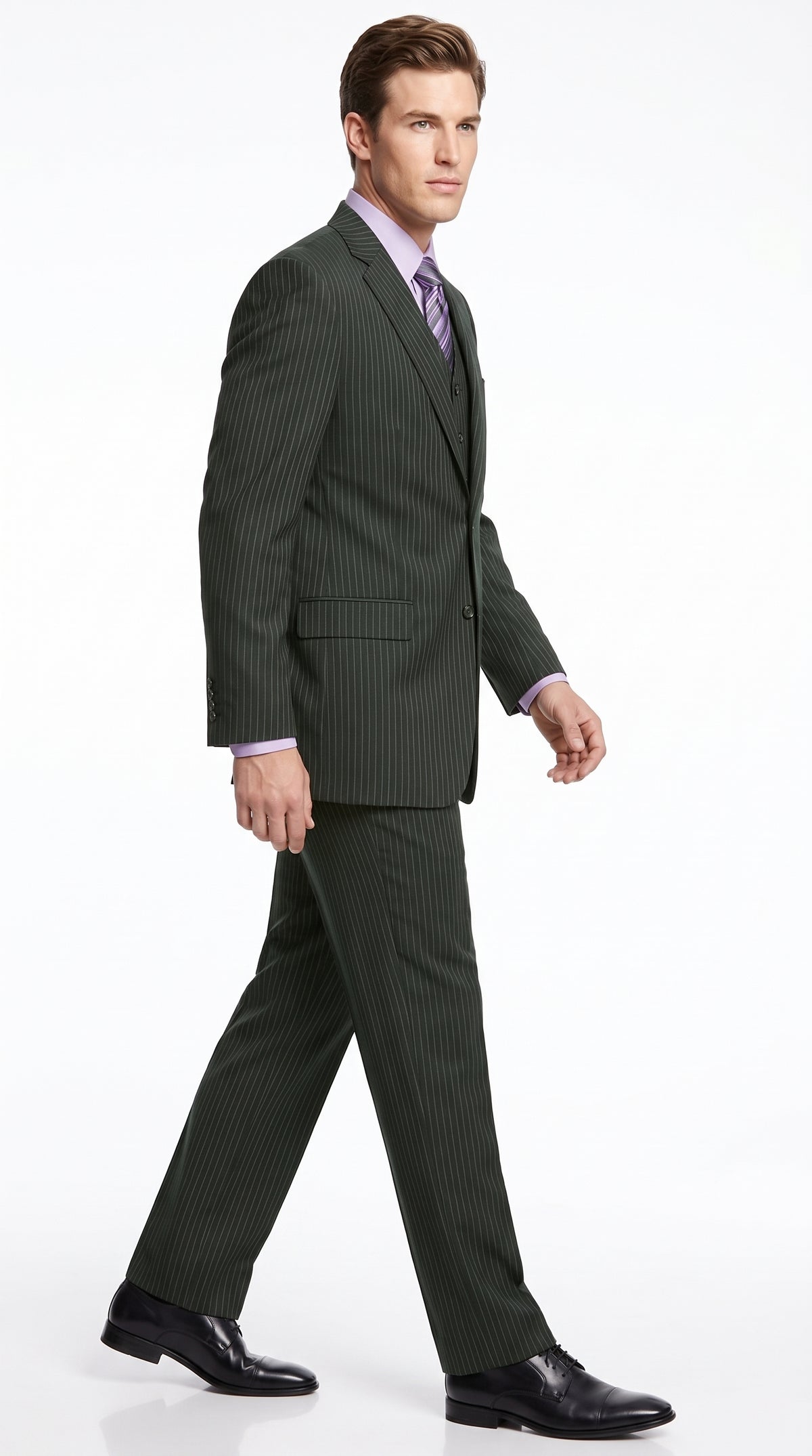 Men’s Black Pinstripe 3 Piece Suit, Vested 2 Button Formal Wedding Business Suit