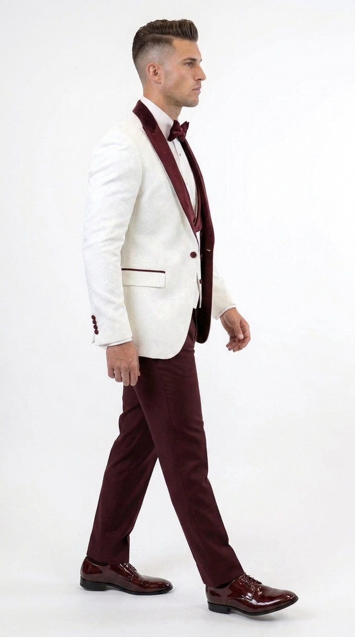 Men’s White and Burgundy Vested Tuxedo Suit, Formal Wedding Groom Prom Dinner Suit