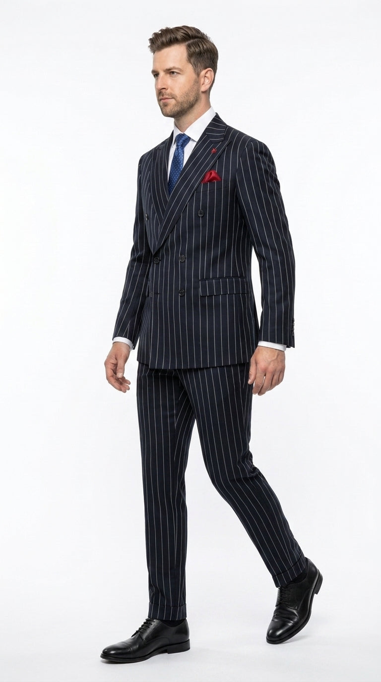 Statement Men's 2 Piece 100% Wool Modern Fit Pinstripe Suit - Double Breasted Jacket