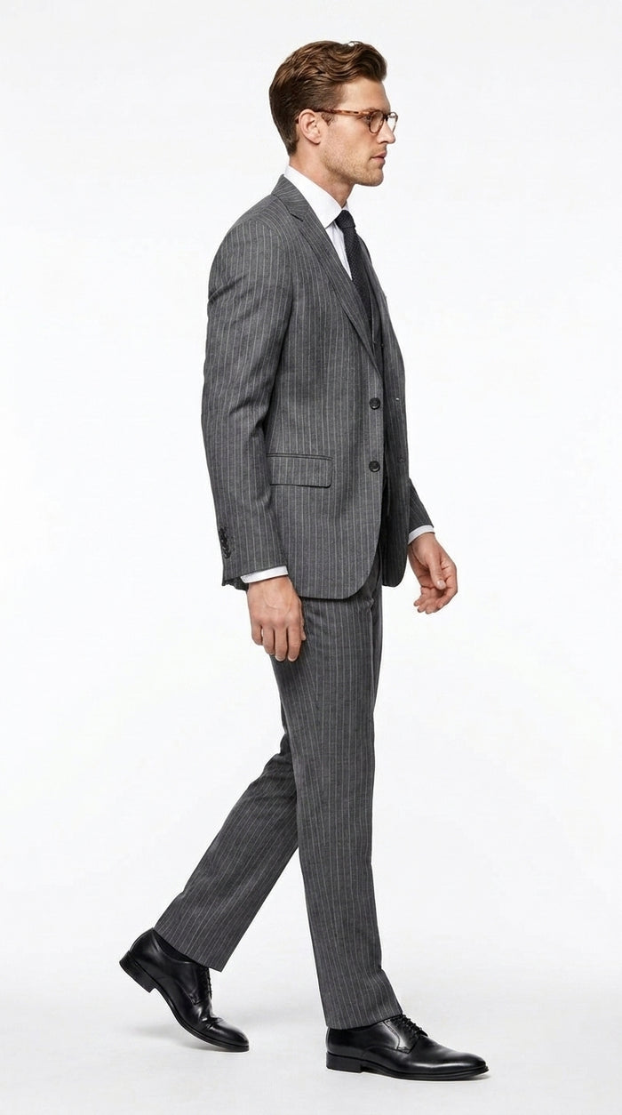 Men’s Charcoal Grey Pinstripe 2 Button Vested Wool Suit, Modern Fit Formal Business Dress Suit