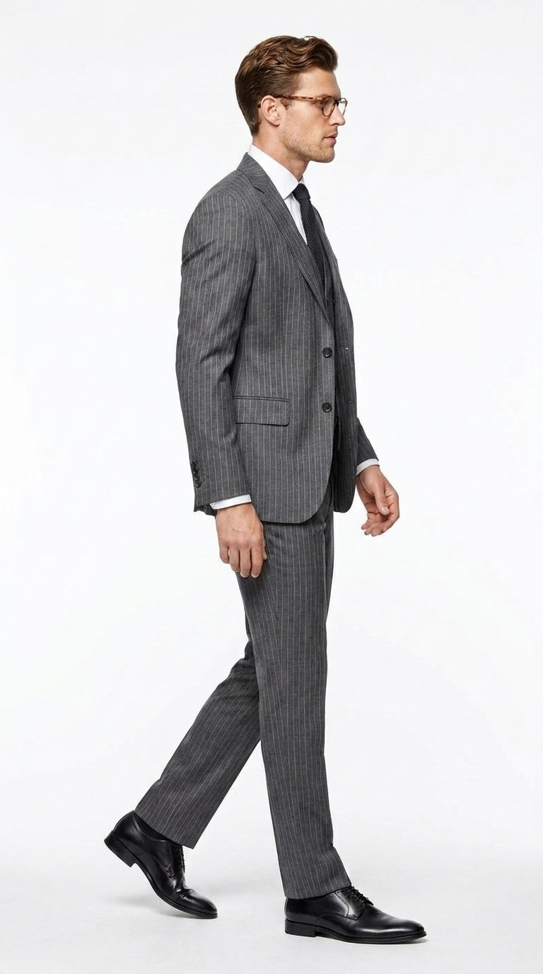 Men’s Charcoal Grey Pinstripe 2 Button Vested Wool Suit, Modern Fit Formal Business Dress Suit