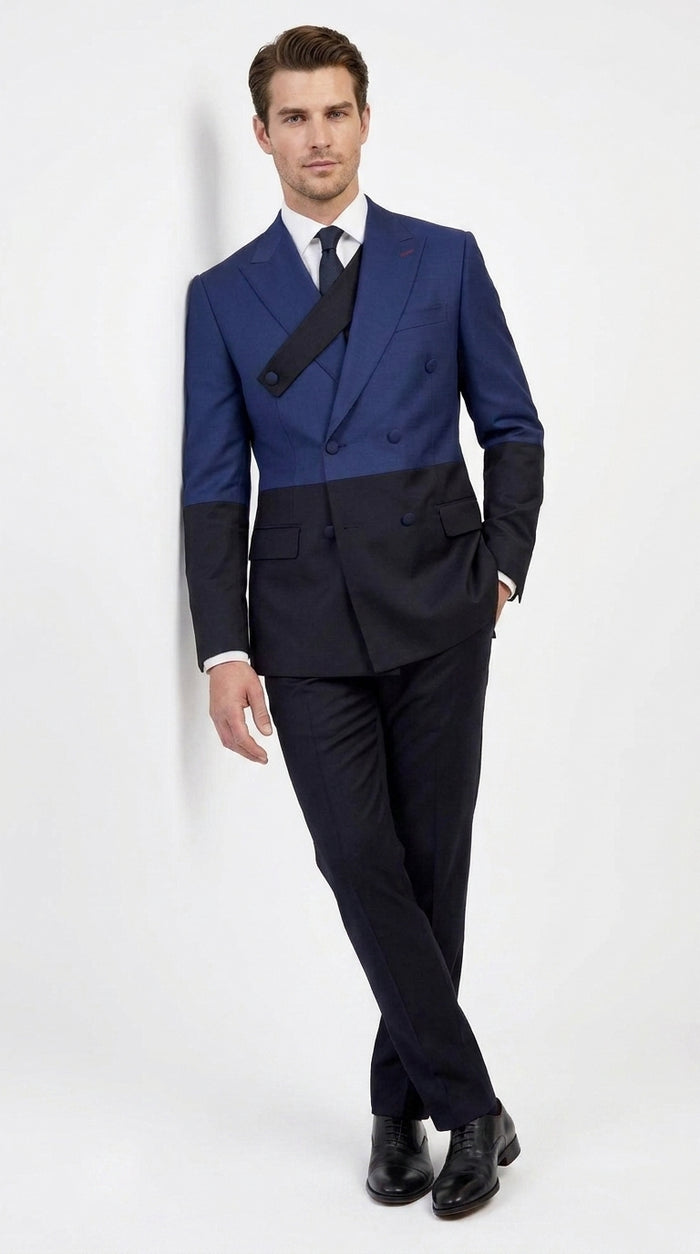 Statement Men’s Two Tone Double Breasted Suit, Modern Fit 2 Piece Wool Formal Wedding Suit