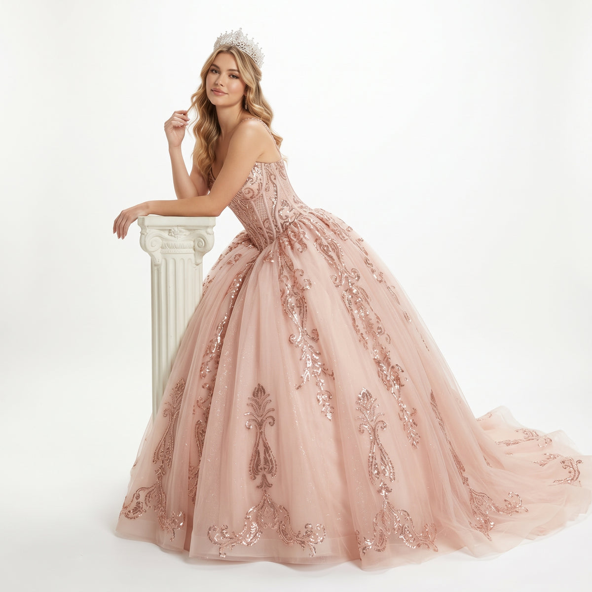 Quinceañera Ball Gown with Beaded Corset Bodice Glitter Tulle Skirt & Crystal Tiara By LK294