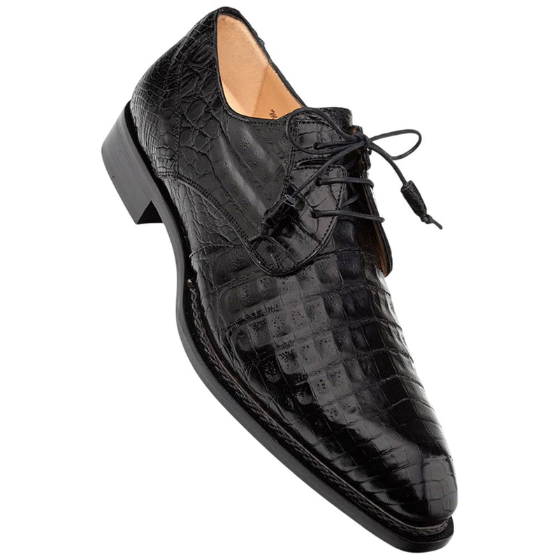 Men's Cratos black derby shoes: pointed toe, sleek silhouette. Black embossed crocodile leather upper with shiny finish. Black laces and eyelets. Solid black sole for a structured look.
