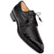 Men's Cratos black derby shoes: pointed toe, sleek silhouette. Black embossed crocodile leather upper with shiny finish. Black laces and eyelets. Solid black sole for a structured look.
