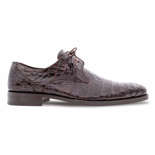 Men's Anderson brown crocodile lace-up shoes. Sleek, pointed toe, low-profile design. Textured brown crocodile leather with a scaly pattern. Flat, sturdy heel for elegant style.
