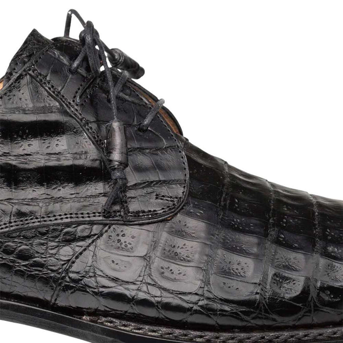 Mezlan men's Derby shoes. Glossy black crocodile pattern, rounded toe, and lace-up closure. Subtle stitch detail. Black, sturdy sole. Stylish and durable.
