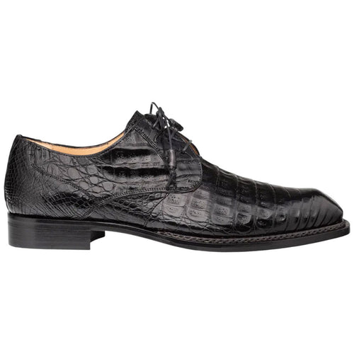 Men's Cratos black derby shoes with pointed toe and elongated shape. Black crocodile-embossed leather upper with textured pattern. Lace-up closure and low stacked heel.
