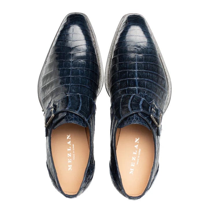 Gigolo Blue Genuine Crocodile Monk Strap by Mezlan – Luxury Exotic Men's Dress Shoe Made in Spain