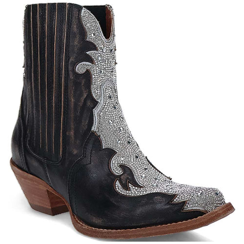 Dan Post Crystal Black Snip ankle bootie: Black leather with vertical ribbing and silver accents. Snip toe, stacked wood heel. Ornate design with curves and rhinestone details.
