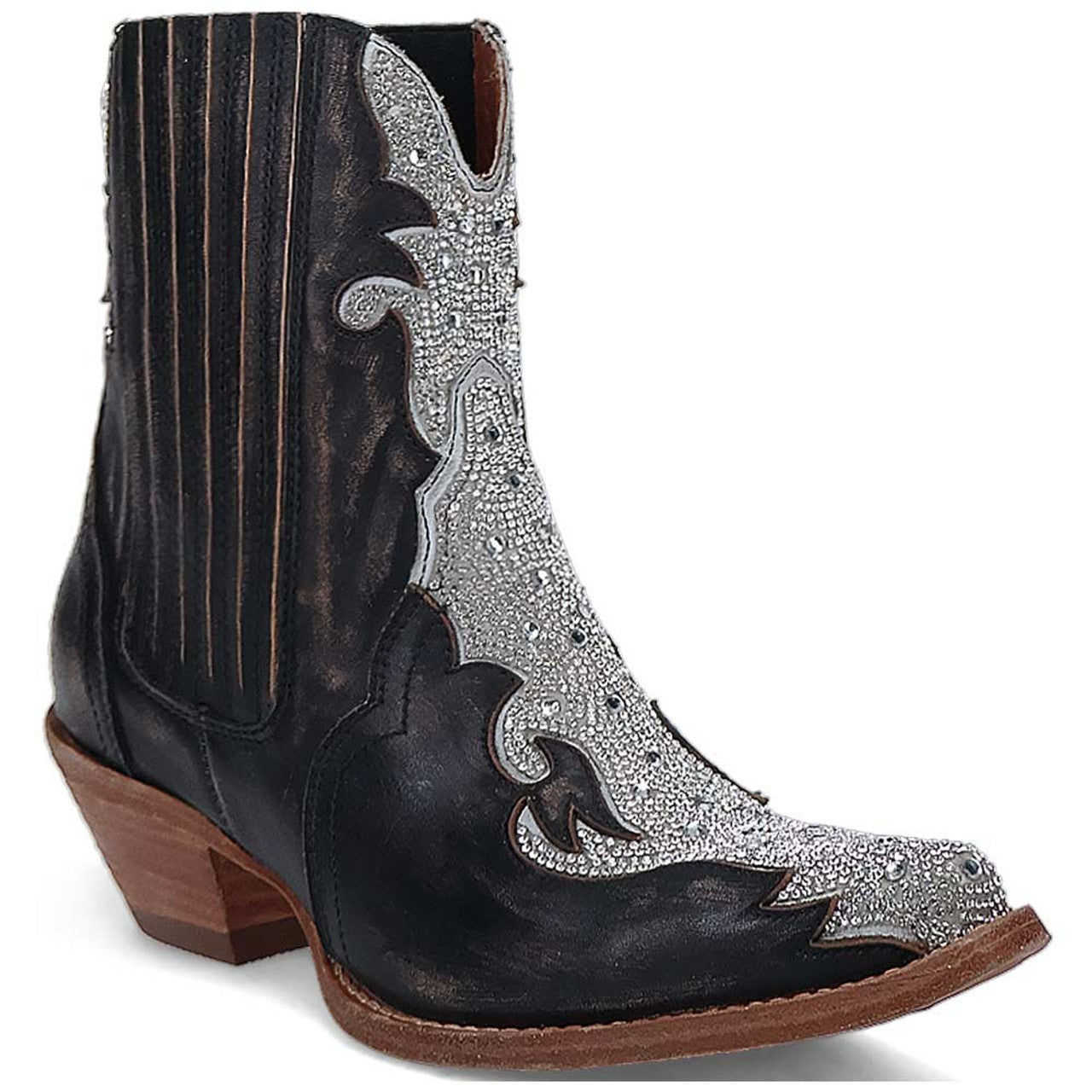 Dan Post Crystal Black Snip ankle bootie: Black leather with vertical ribbing and silver accents. Snip toe, stacked wood heel. Ornate design with curves and rhinestone details.
