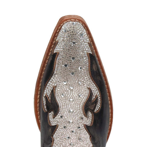 Dan Post Crystal Black Snip ankle bootie. Black leather with silver sequin overlay. Shaft features silver studs & rhinestones. Pointed toe. Stitched welt construction for durability.
