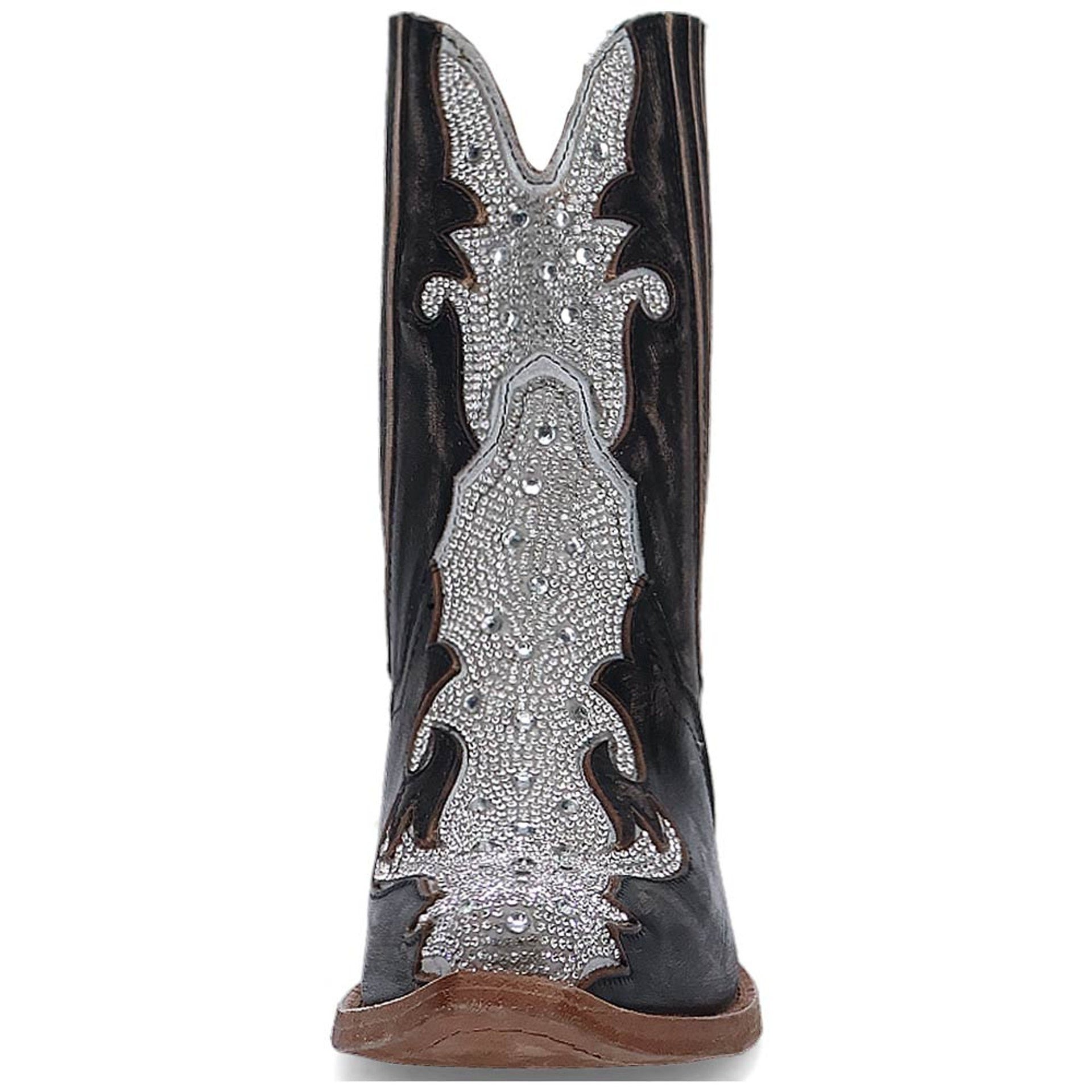 Dan Post Women's Crystal Black ankle bootie. Black leather, V-shaped collar, silver embellishments. Pointed toe, low curved heel, brown outsole. Textured upper with shapes and sparkly accents.
