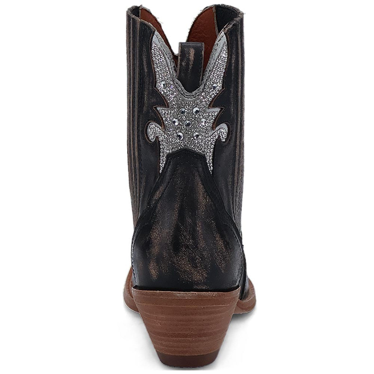 Black leather ankle bootie with textured finish. Silver back embellishment, pointed design. Slight heel, smooth silhouette. Brown lined interior.
