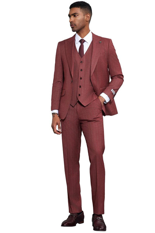 Men's burgundy pinstripe Stacy Adams suit. One-button jacket with peak lapel, vest, and tailored trousers. Fitted silhouette. Features evenly spaced buttons.
