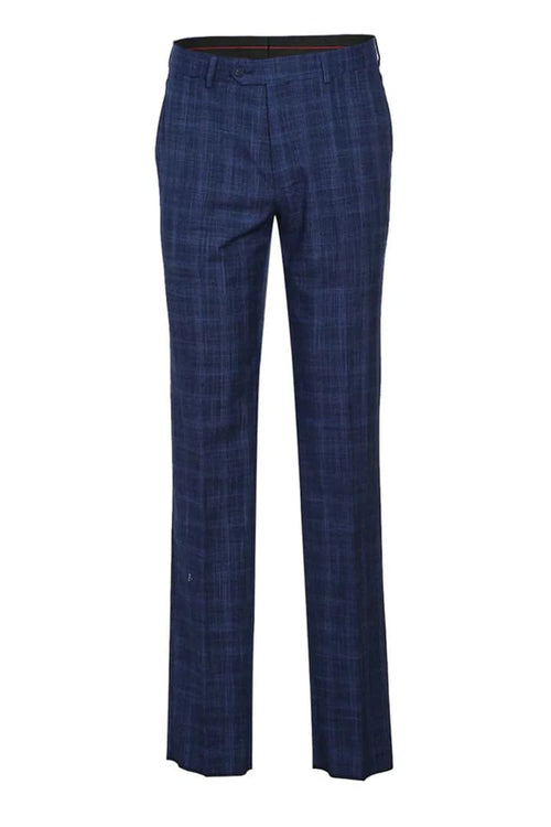 Mens Plaid Suit - Patterned Business Suit - Mens Designer Two Button Slim Fit Notch Lapel Suit In Dark Blue Windowpane Plaid Weave