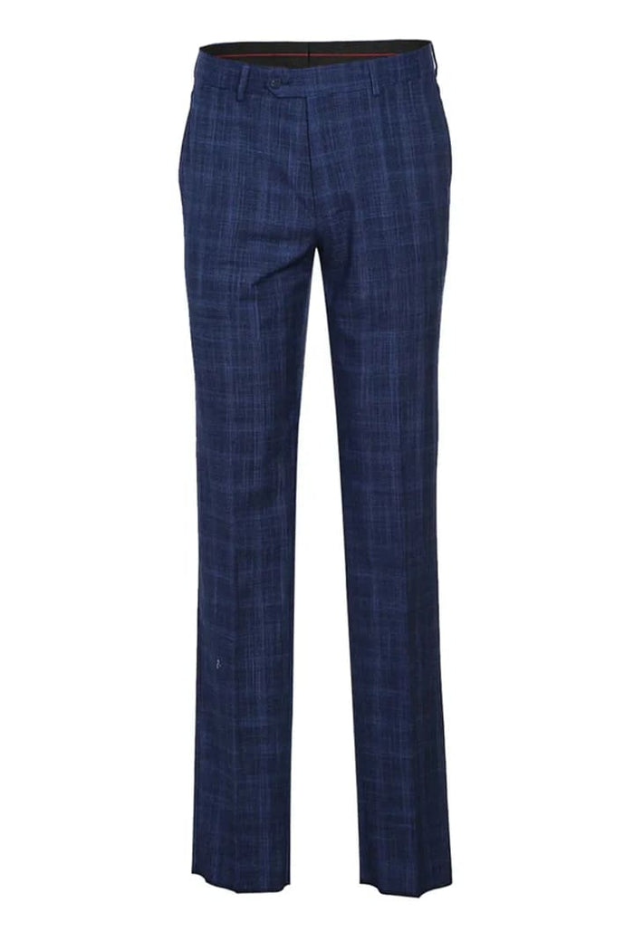 Mens Plaid Suit - Patterned Business Suit - Mens Designer Two Button Slim Fit Notch Lapel Suit In Dark Blue Windowpane Plaid Weave
