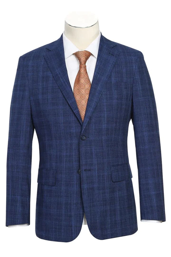 Mens Plaid Suit - Patterned Business Suit - Mens Designer Two Button Slim Fit Notch Lapel Suit In Dark Blue Windowpane Plaid Weave