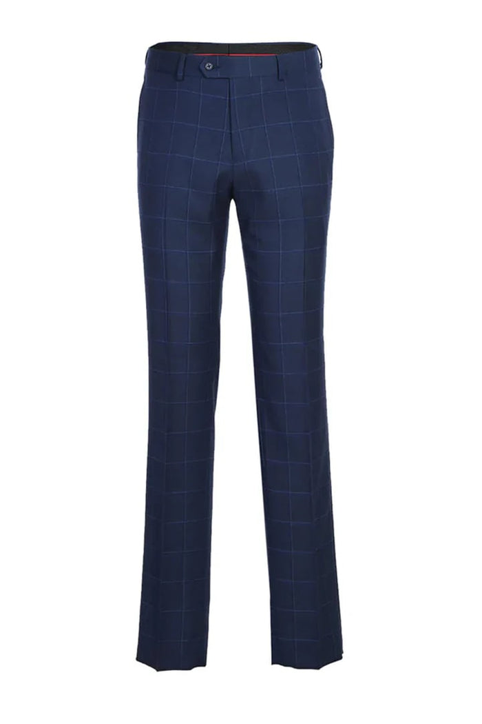 Mens Plaid Suit - Patterned Business Suit - Mens Designer Two Button Slim Fit Notch Lapel Suit In Dark Navy Blue Windowpane Plaid Check
