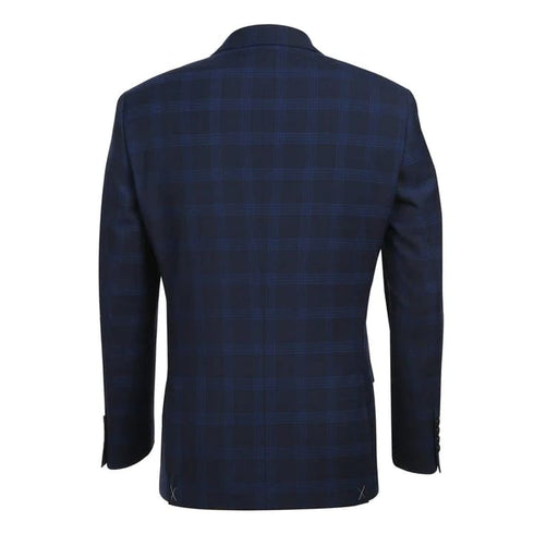 Mens Plaid Suit - Patterned Business Suit - Mens Slim Fit Two Button Stretch Suit In Dark Navy Windowpane Plaid