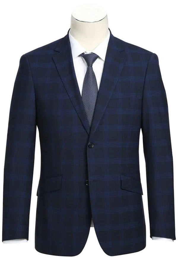 Mens Plaid Suit - Patterned Business Suit - Mens Slim Fit Two Button Stretch Suit In Dark Navy Windowpane Plaid