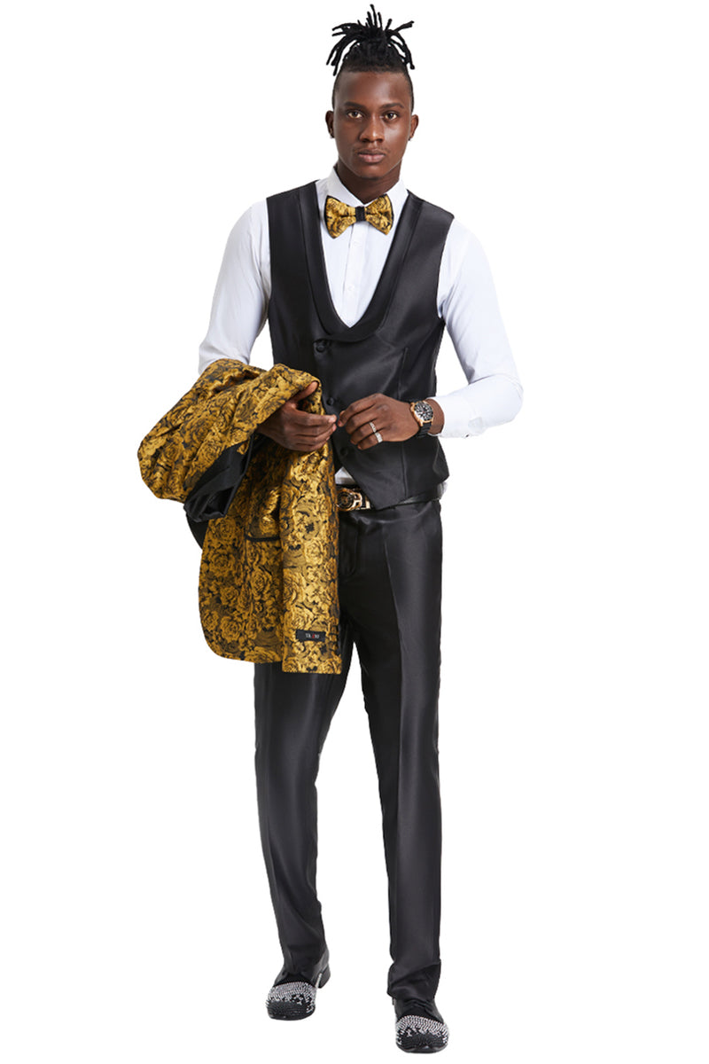 "Gold Paisley Floral Men's Slim Fit Prom 2026 Tuxedo - One Button Vested"