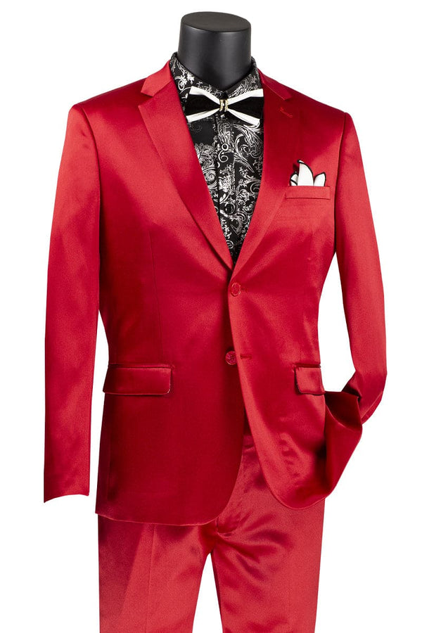 "Red Sharkskin Suit: Men's Slim Fit Satin for Prom 2025 & Wedding"