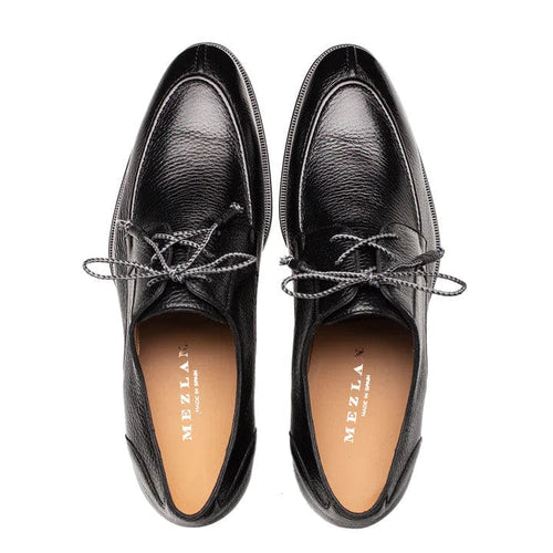 Mezlan Fratello black deerskin lace-up shoes. Men's split toe design with a sleek, rounded silhouette. Features textured black deerskin upper, matching laces, and a beige branded insole.
