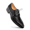 Fratello men's black deerskin split toe lace-up shoes. Smooth black leather upper, gray laces, and rounded toe. Light lining, dark, sturdy sole. Stylish and durable.
