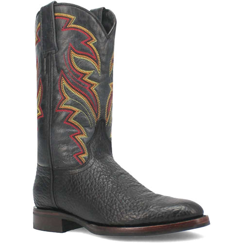 Dingo black western leather boots with a round toe. Textured leather exterior with red & yellow embroidered patterns on the shaft. Slight heel.
