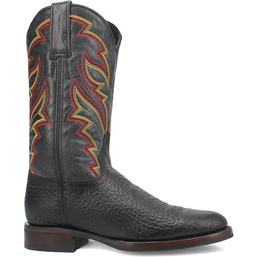 Black leather western boots with a round toe. Tall shaft adorned with bright red & yellow stitching. Textured leather and stacked heel.
