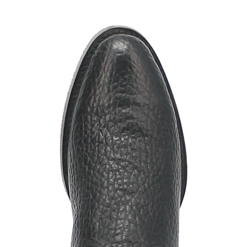 Dingo black leather western boots with round toe. Textured black upper, low cut design, and seamless ankle. Classic western style.

