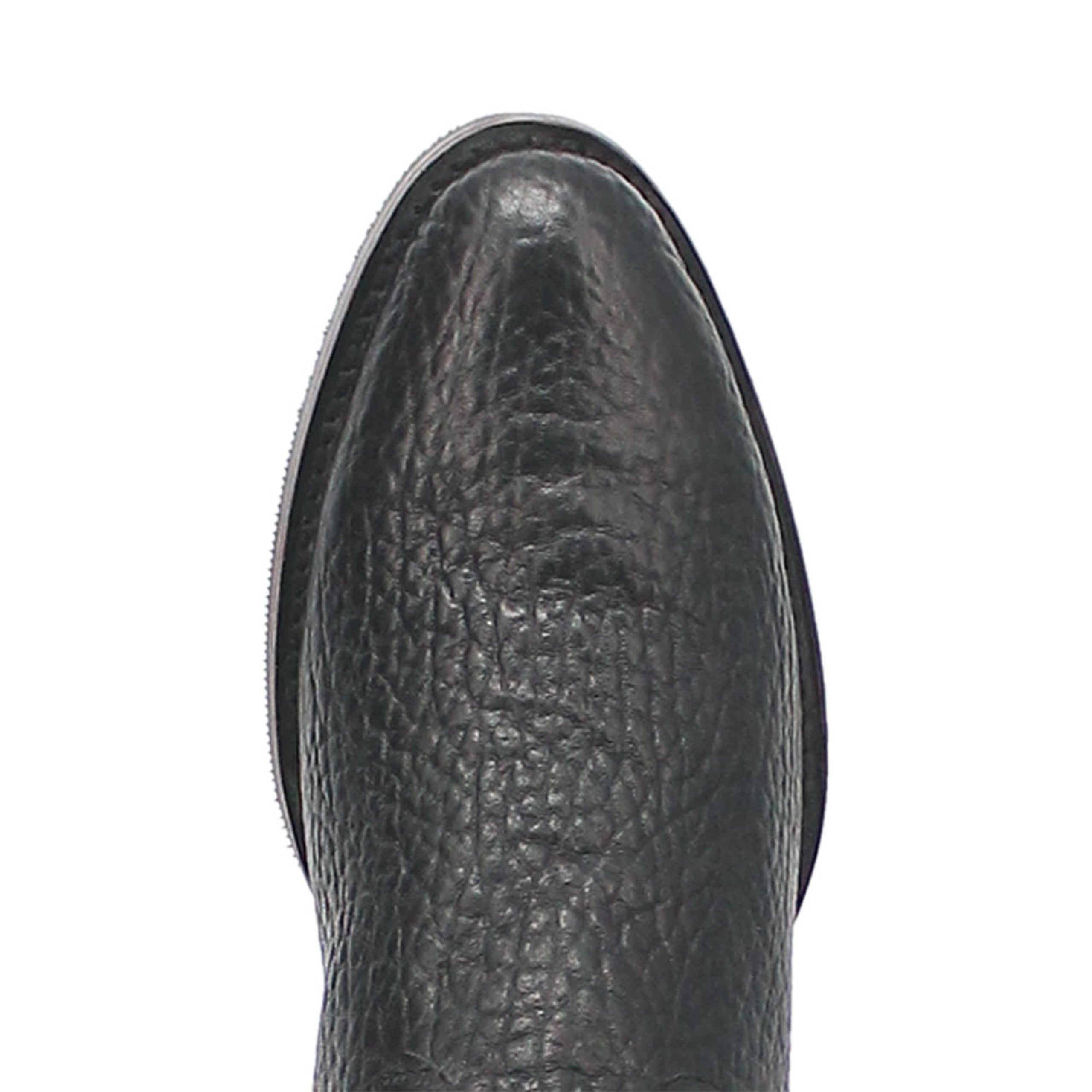 Dingo black leather western boots with round toe. Textured black upper, low cut design, and seamless ankle. Classic western style.
