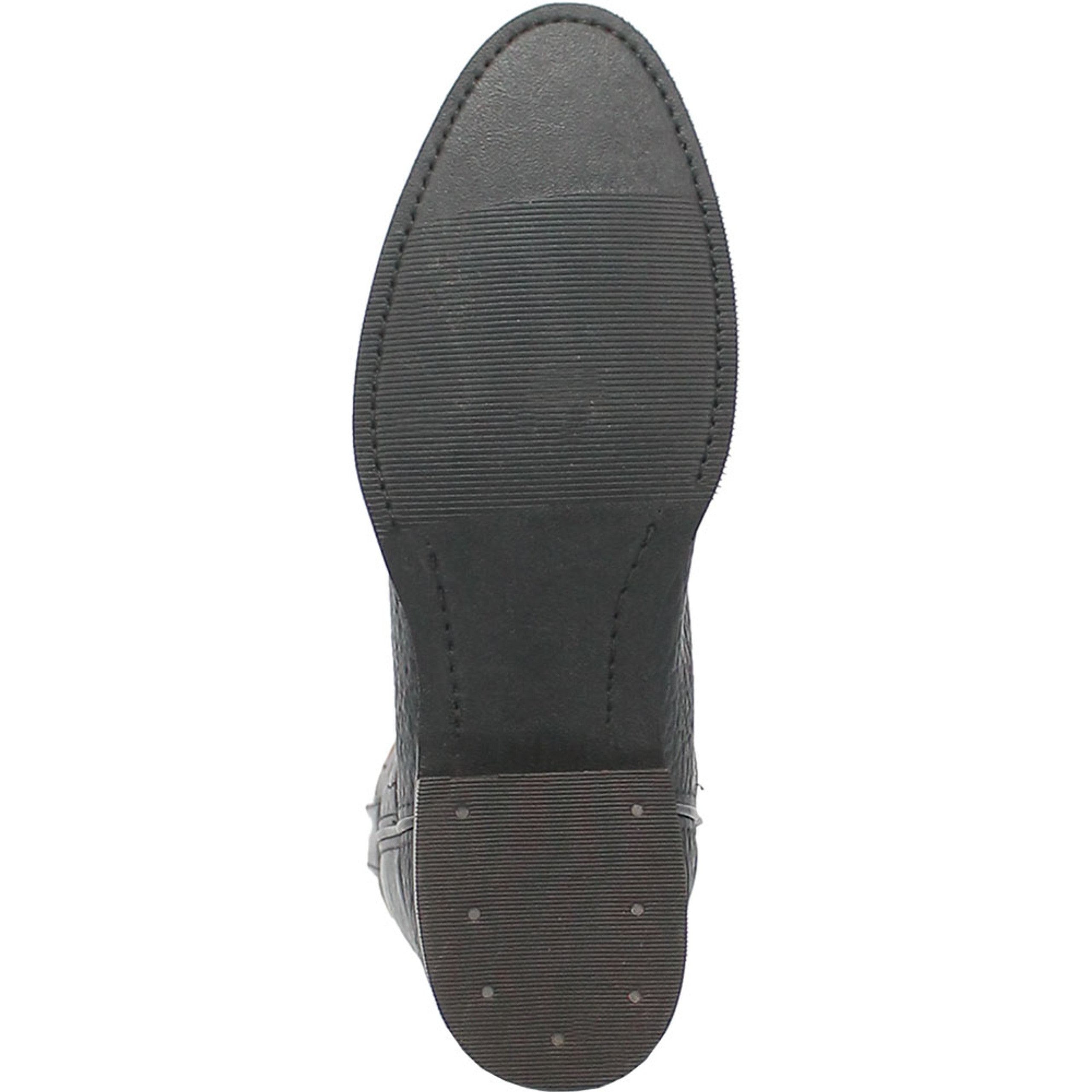 Dingo black leather western boots with round toe. Smooth, slightly textured black leather upper. Flat black sole with traction ridges. Traditional, sturdy design.
