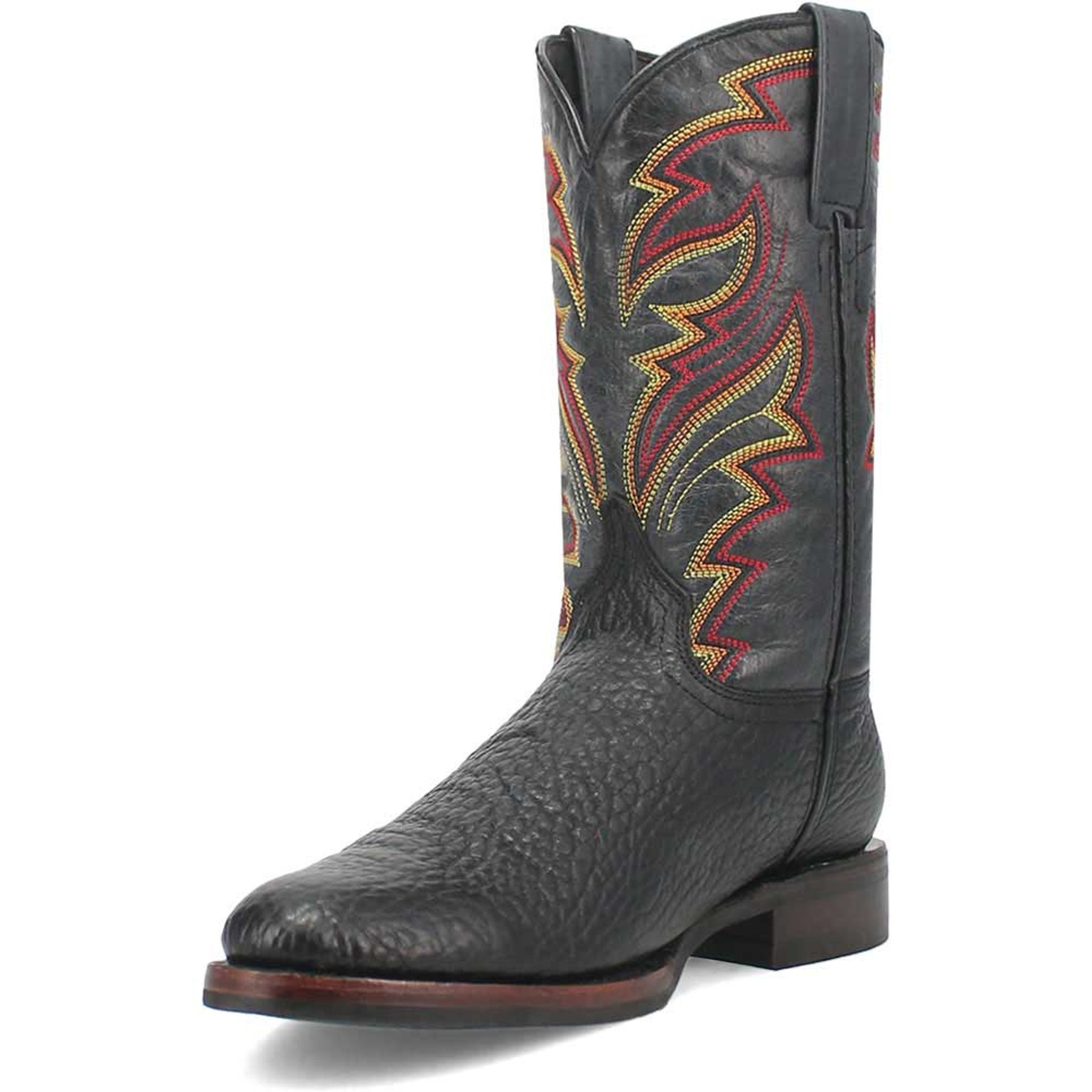 Dingo black leather Western boots with round toe. Textured exterior, tall shaft with red/yellow stitching, and stacked heel.
