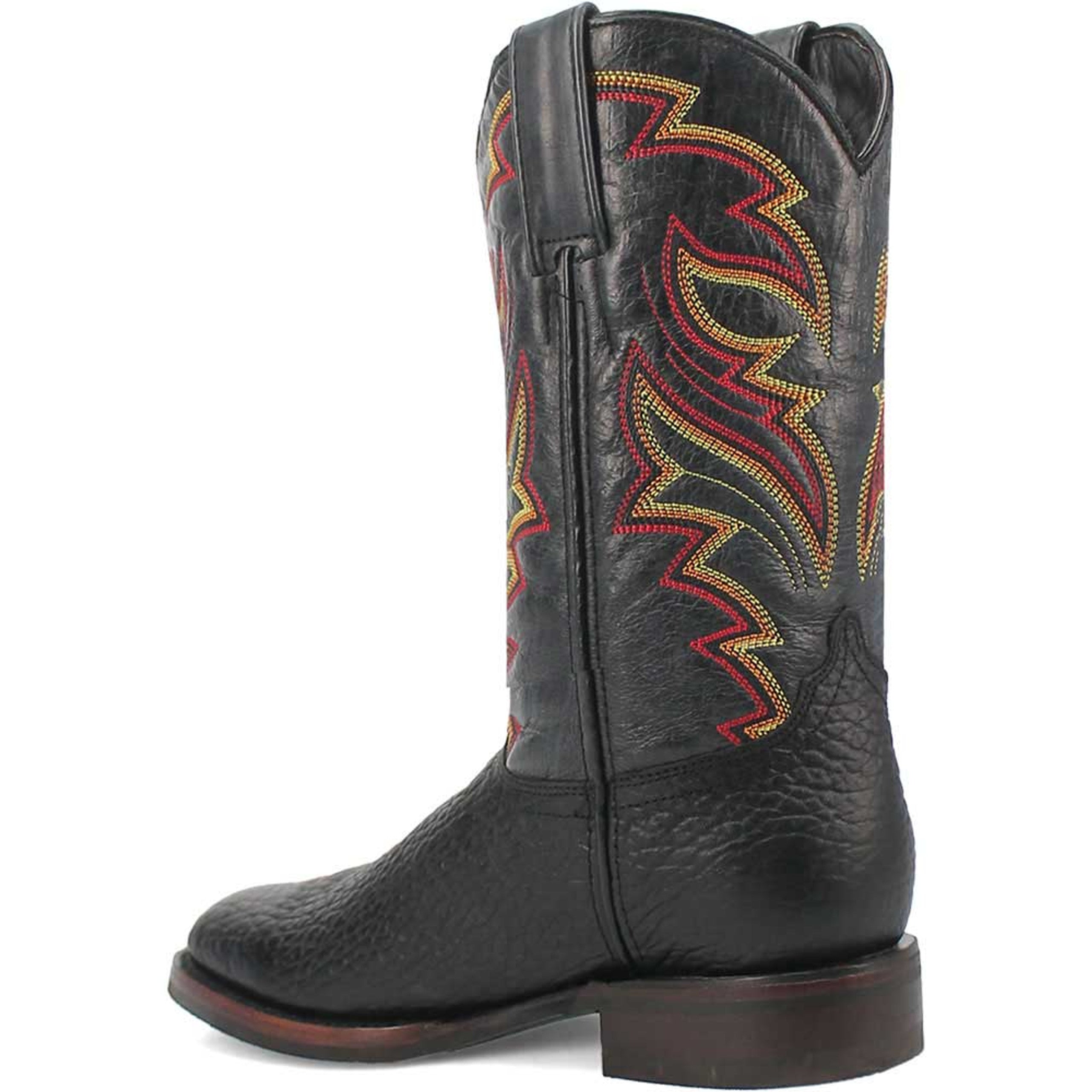 Dingo black western boots with textured leather upper, round toe, and decorative red/gold stitched shaft design. Slightly raised heel, streamlined silhouette.

