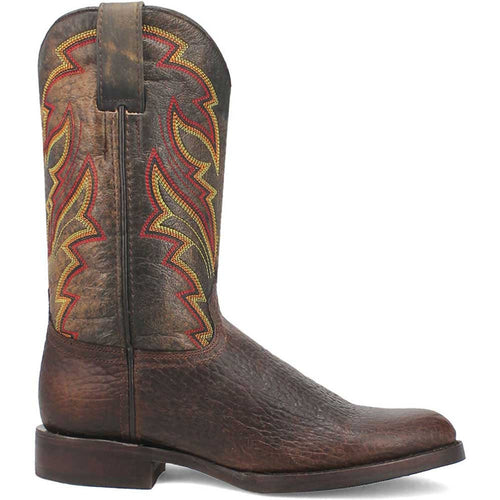 Brown leather western boots. Textured brown body, orange/yellow stitched shaft patterns. Sturdy sole, low heel. Round toe design.

