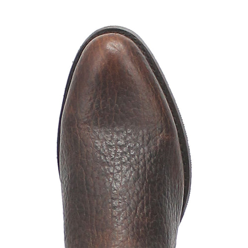 Brown leather round-toe boot. Slightly textured upper with a smooth tip. Dark brown sole. Structured shape.
