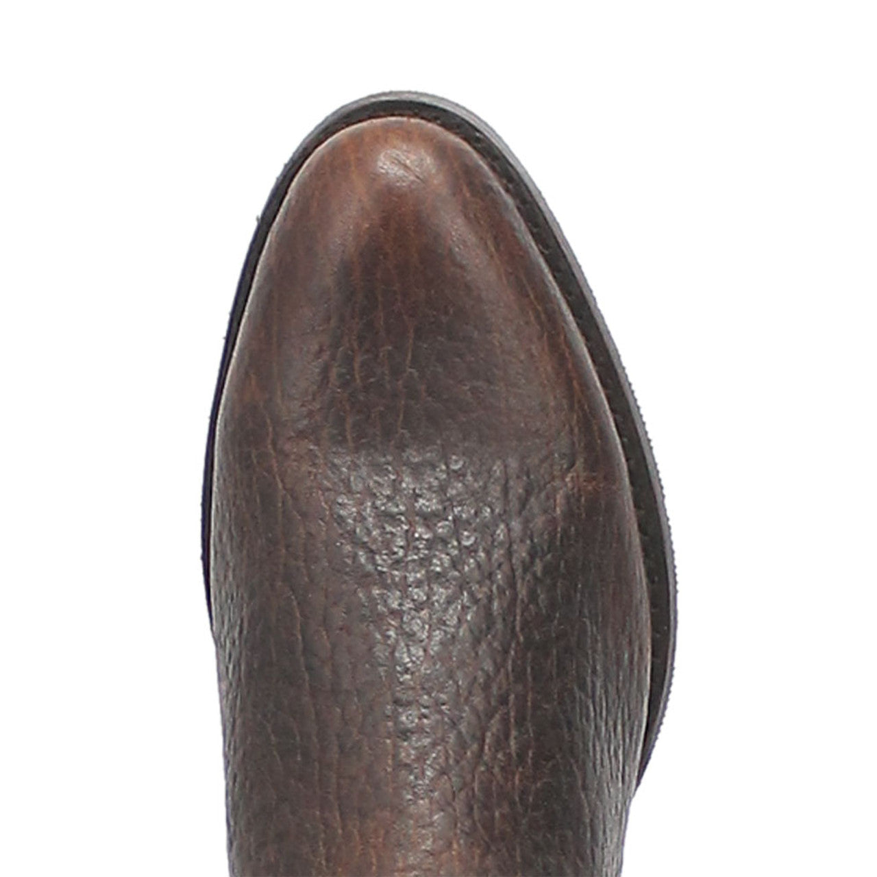 Brown leather round-toe boot. Slightly textured upper with a smooth tip. Dark brown sole. Structured shape.
