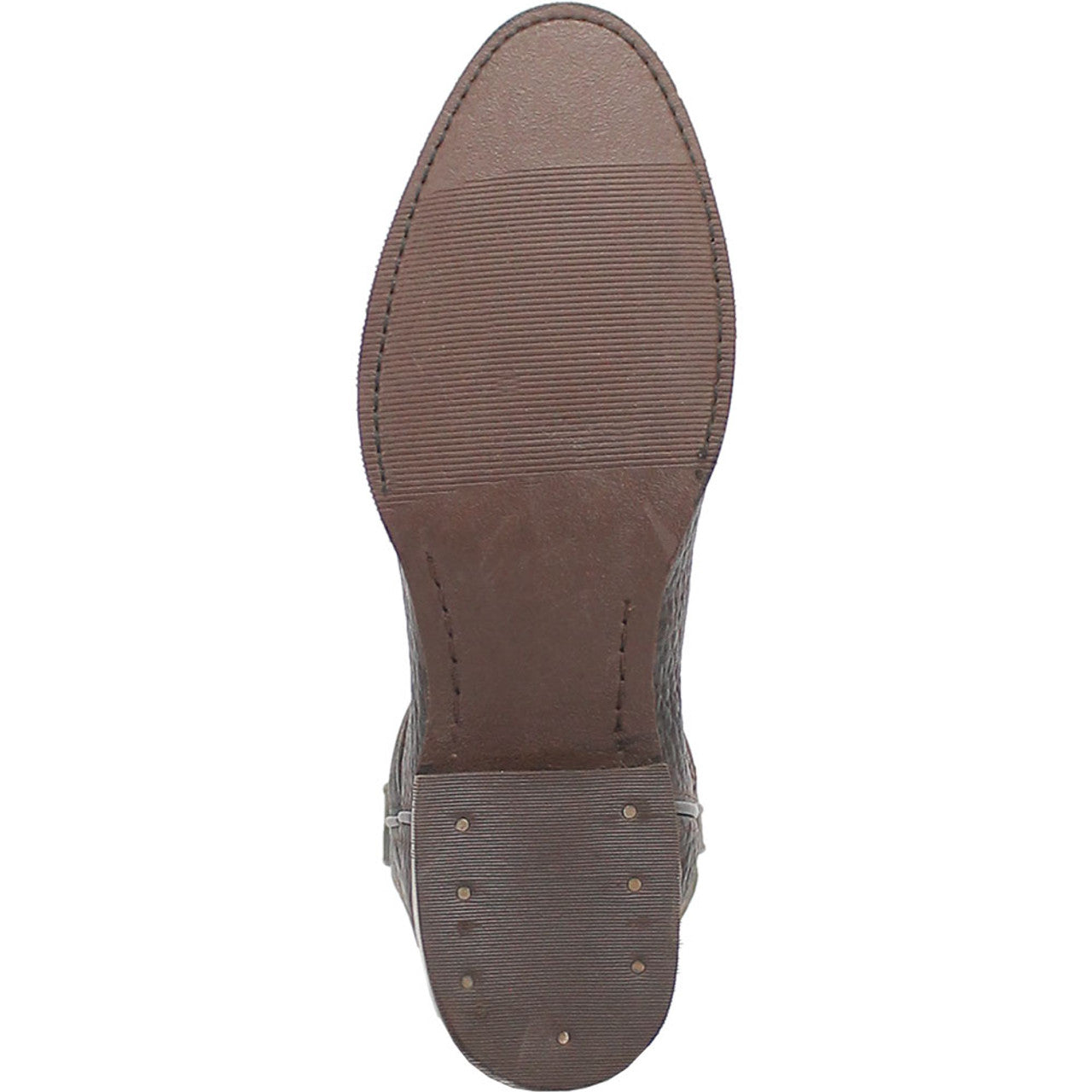 Brown & orange Dingo western boot sole. Round toe, textured leather. Predominantly brown with horizontal grooves. Features small metal nail details along the edge.
