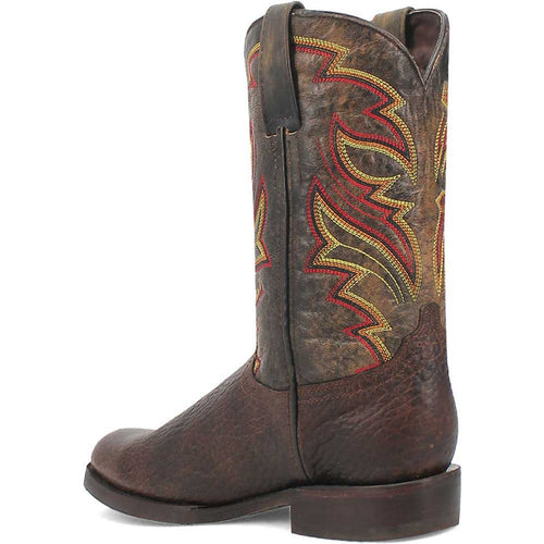 Brown and orange western leather boots with a textured exterior. Flame-pattern stitching on the shaft. Slight heel and smooth toe cap. Round toe.
