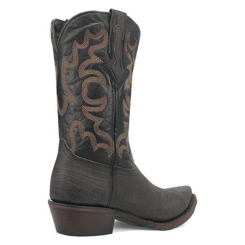 Dingo Duke Black Snip Western Boots: Tall black leather shaft with pointed snip toe. Tan stitched patterns, textured base, and stacked heel. Classic Western style.
