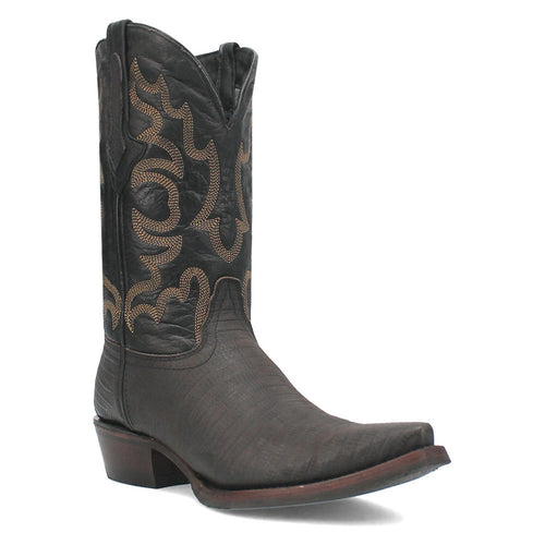 Dingo Duke Black Snip Western Boots. Black leather, pointed toe, high shaft. Contrasting stitched pattern, textured finish, slight heel, and decorative raised stitching.
