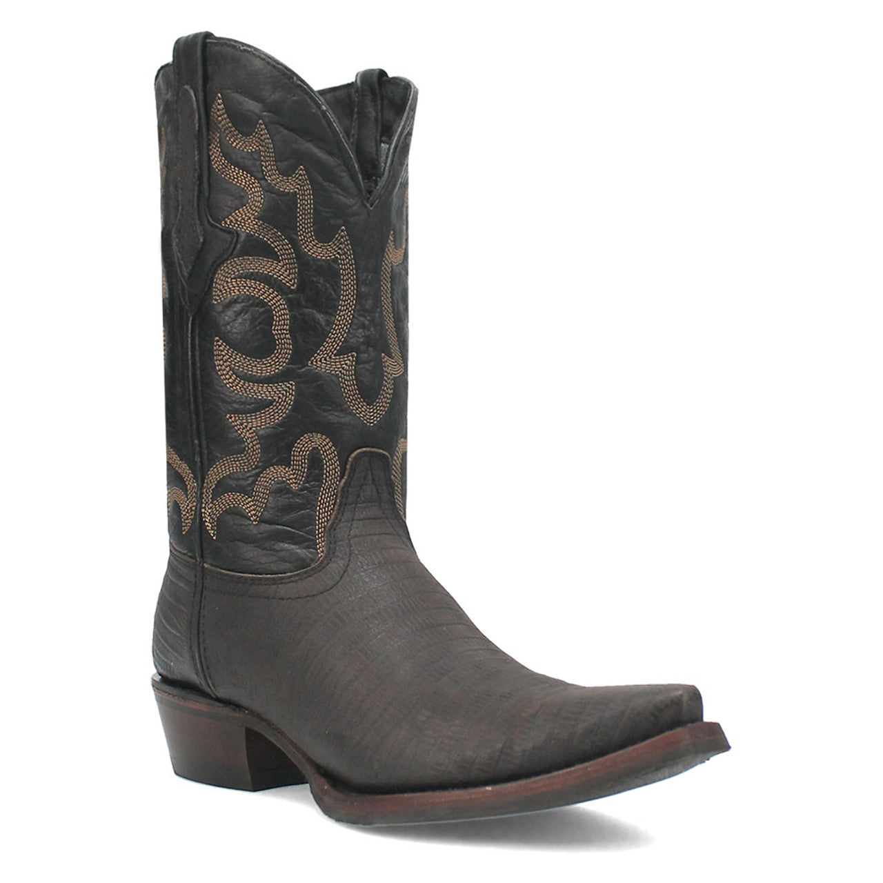 Dingo Duke Black Snip Western Boots. Black leather, pointed toe, high shaft. Contrasting stitched pattern, textured finish, slight heel, and decorative raised stitching.
